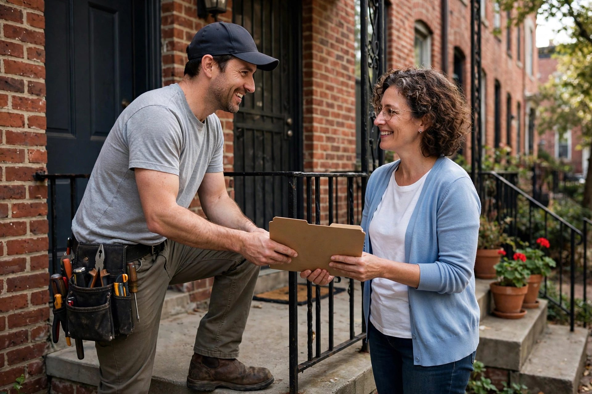 Roofer providing a free roofing estimate consultation in Washington, D.C.