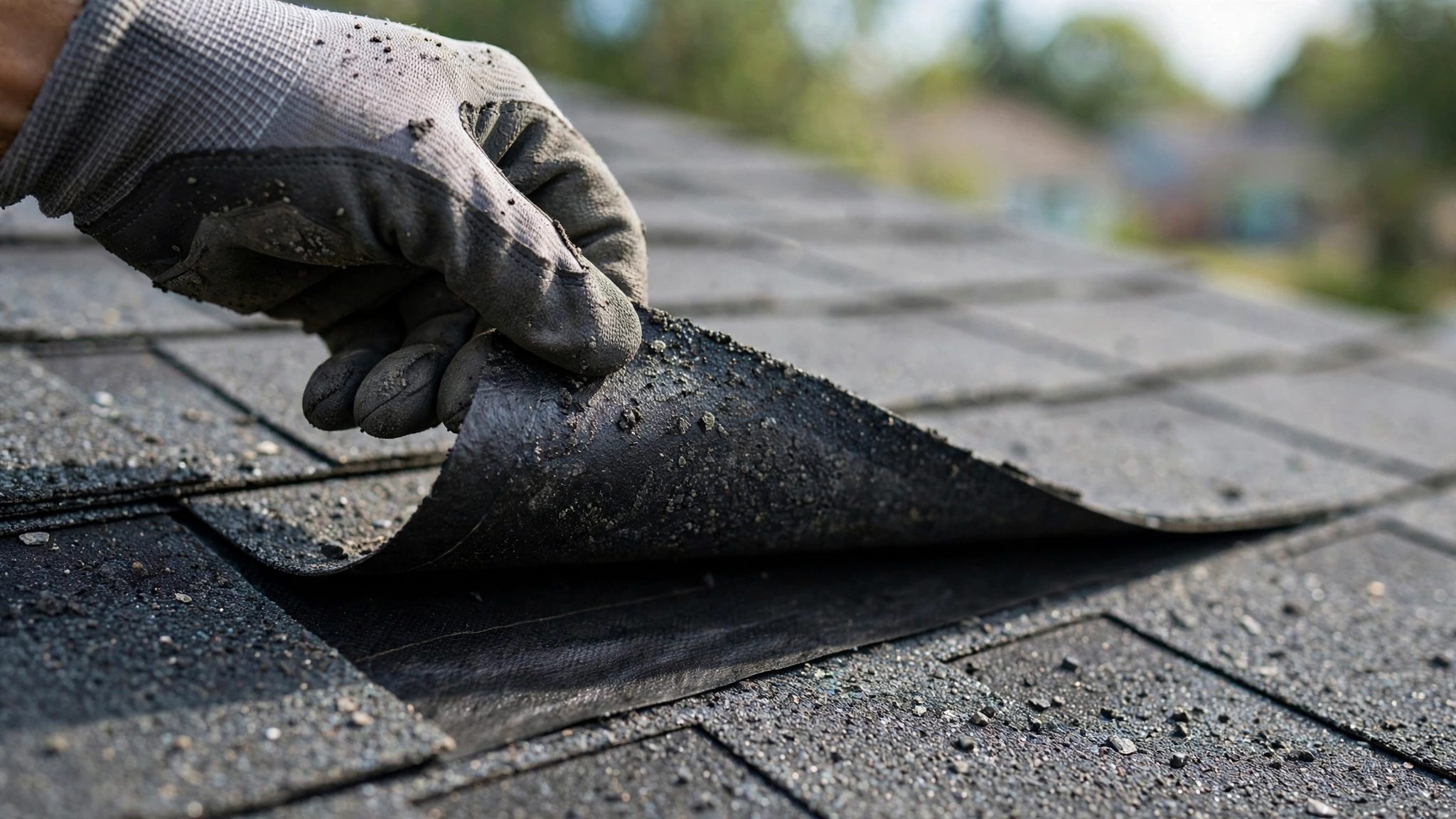 Roofer inspecting asphalt shingles during a free roof inspection in Washington, D.C.