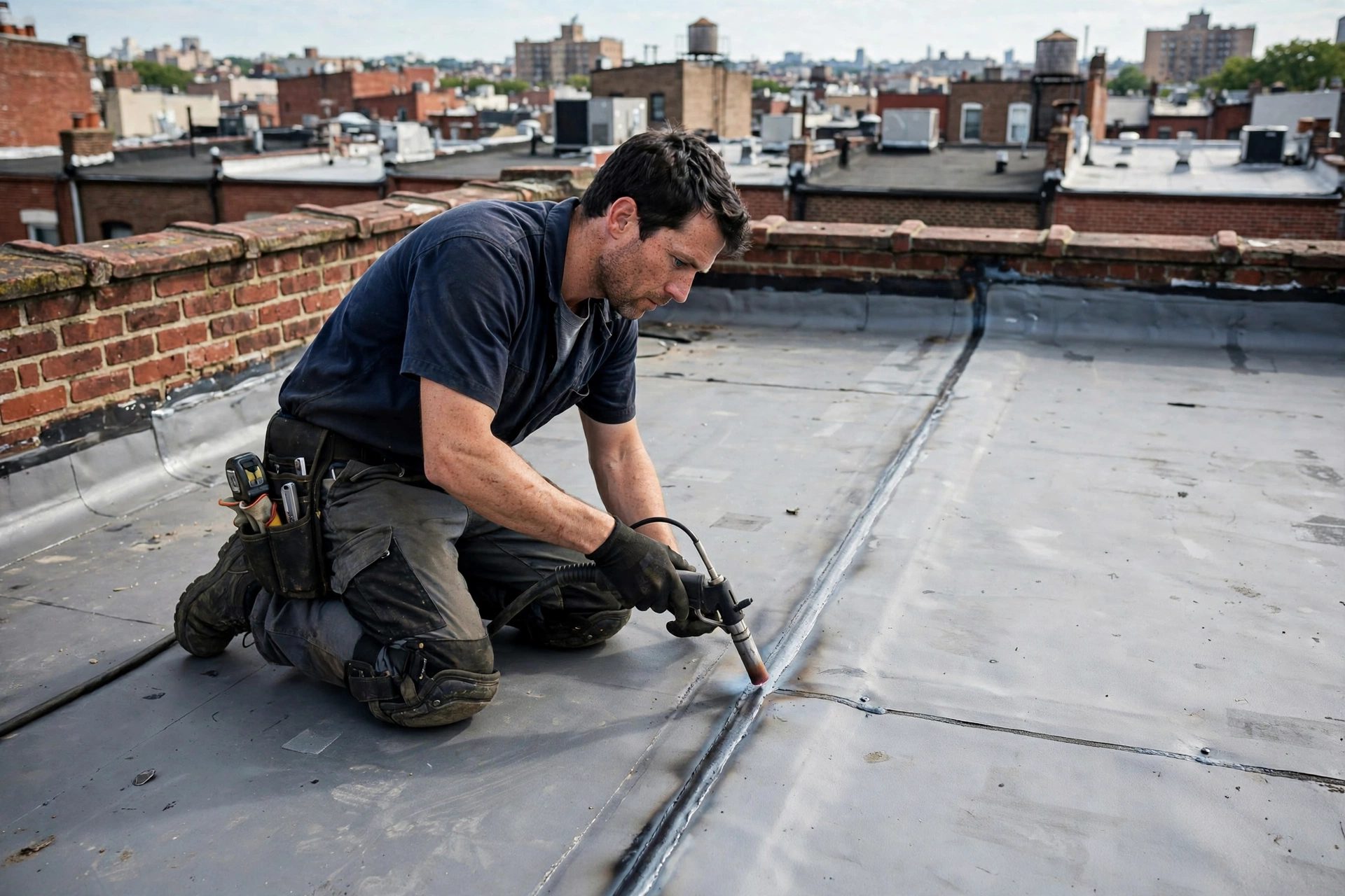 Flat roof repair on a Washington, D.C. rowhouse — sealing a membrane seam