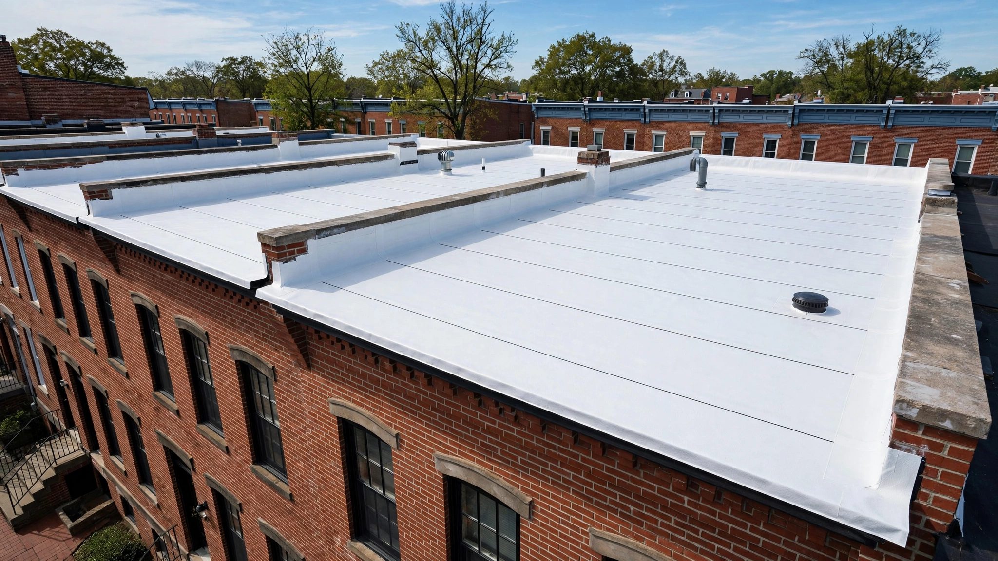 New TPO flat roof replacement on a Washington, D.C. rowhouse