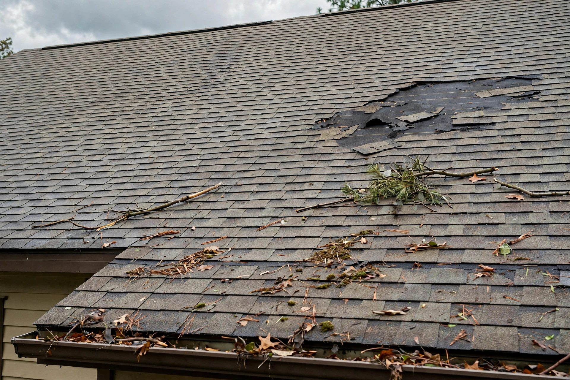Storm-damaged shingle roof in Washington, D.C. after high winds.